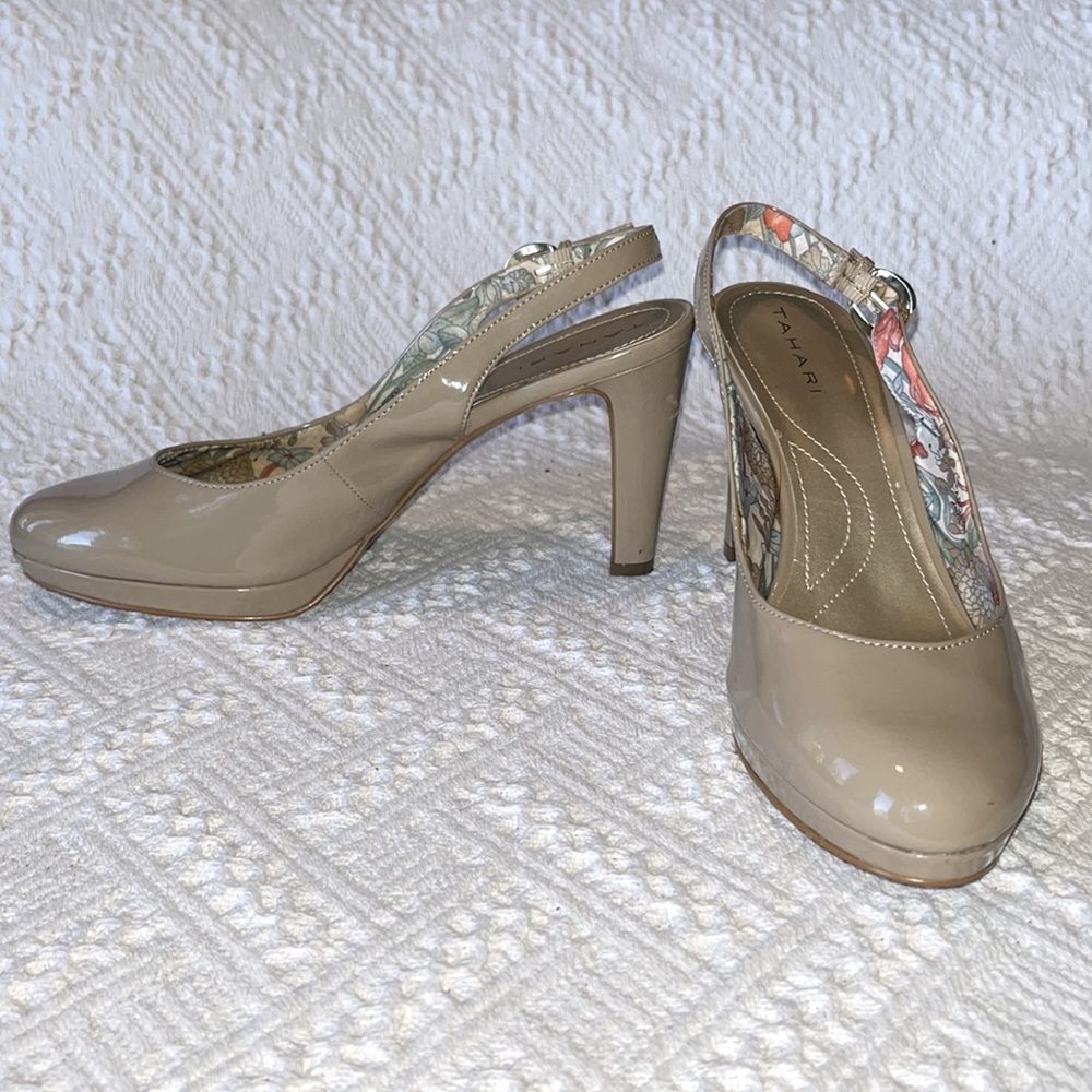 Tahari Beige Patent Slingback Heels with Floral Trim